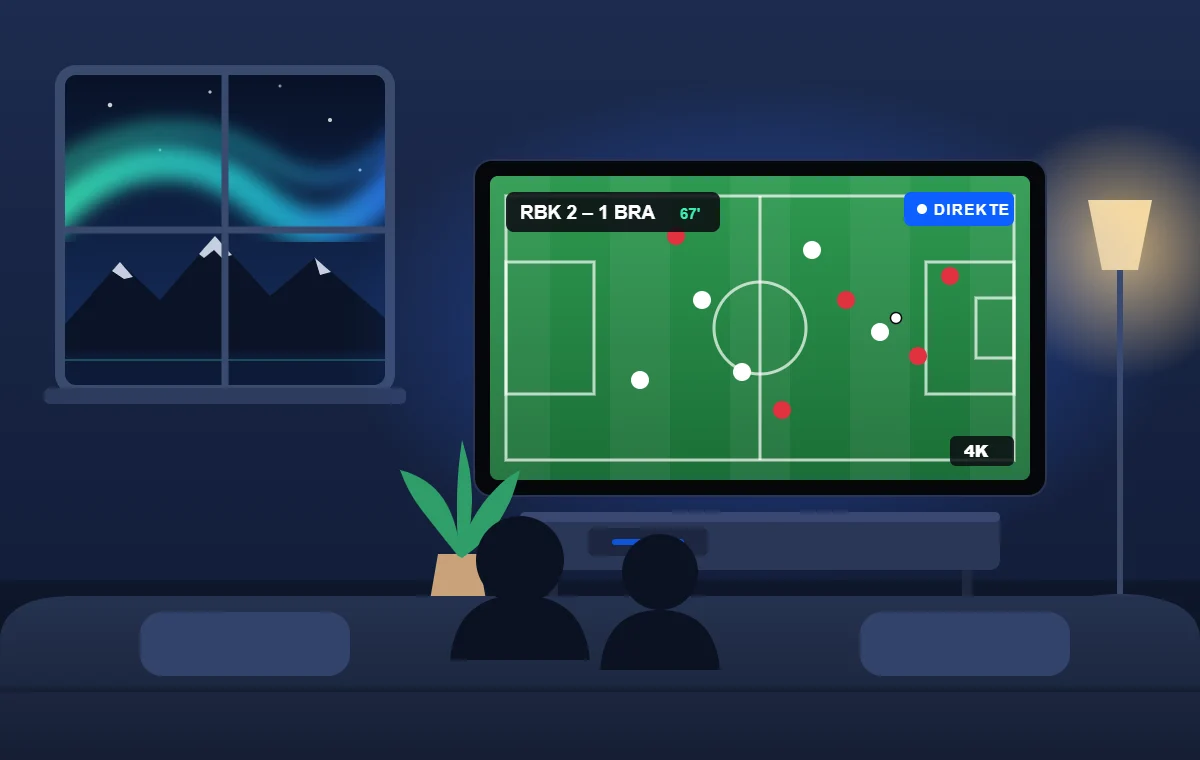 IPTV Norge – direktesendt Eliteserie-fotball i 4K på Smart-TV i en norsk stue med nordlys utenfor vinduet