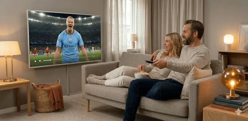 Skandinavisk par som slapper av i stuen og ser på direktesendt fotball i 4K med markedets beste IPTV Norge.